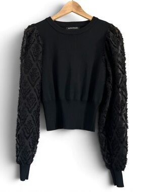 Jealous Tomato Black Sweater Sheer Puff Sleeve Fringe Detail Scoop Neck Size L